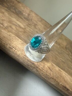 Designer Inspired Silver Tone Large Cocktail Ring - Blue Oval Stone